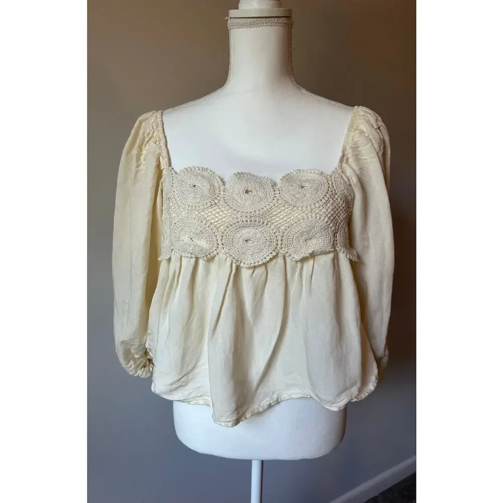 By Anthropologie Cream Crochet Peplum Blouse Natural Neutral Size S